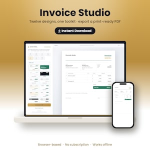 Op de afbeelding: Een digitale factuursjabloon-toolkit genaamd Invoice Studio weergegeven op een laptop- en smartphonescherm. De interface toont twaalf ontwerpopties, een voorbeeld van een Riverside Studio-factuur en een knop met de tekst Instant Download.