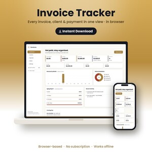 Op de afbeelding: Een digitaal dashboard voor factuurtracking weergegeven op een laptopscherm en een smartphone. De interface bevat financiële overzichten, omzetgrafieken, statusoverzichten en rapporten met de tekst Invoice Tracker.