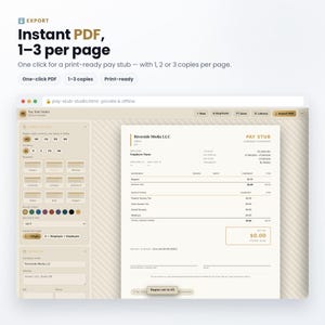 May include: A digital interface for a pay stub generator displaying a preview of a document titled PAY STUB for Riverside Media LLC. The software includes settings for region, currency, template selection, and document font, with an export PDF button.