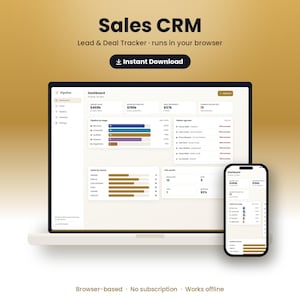 Könnte beinhalten: Ein digitales Sales CRM zur Verfolgung von Leads und Deals, dargestellt auf einem Laptop-Bildschirm und einem Smartphone. Die Benutzeroberfläche zeigt ein Dashboard mit Datenvisualisierungen, Pipeline-Phasen und Follow-up-Listen. Text: Sales CRM, Lead & Deal Tracker.