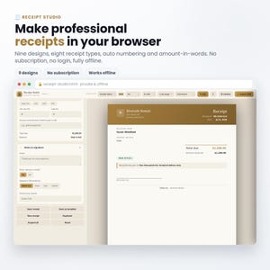 Könnte beinhalten: Eine browserbasierte Quittungserstellungs-Schnittstelle namens Receipt Studio. Der Bildschirm zeigt ein Formular zur Eingabe von Quittungsdetails, einschließlich Steuern, Zahlungsmethoden und Notizen, neben einer Vorschau einer Quittung für Riverside Rentals.