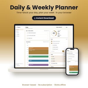 Könnte beinhalten: Eine digitale Tages- und Wochenplaner-Oberfläche auf einem Laptop-Bildschirm und einem Smartphone. Der Bildschirm zeigt einen Zeitplan, Aufgabenlisten und Gewohnheits-Tracker mit dem Text Daily & Weekly Planner und Instant Download.