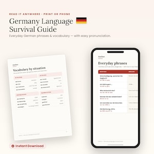 May include: A digital Germany Language Survival Guide displayed on a smartphone screen and a printed page. The content features everyday German phrases, vocabulary by situation, and pronunciation guides in a clean, black and red text layout.