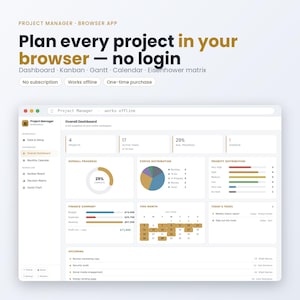 May include: A digital project manager browser app interface displaying an overall dashboard with progress charts, status distribution, priority levels, finance summaries, a monthly calendar, and a list of upcoming tasks. The text reads: Plan every project in your browser - no login. Dashboard, Kanban, Gantt, Calendar, Eisenhower matrix, No subscription, Works offline, One-time purchase.