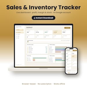 Könnte beinhalten: Ein digitales Dashboard zur Verkaufs- und Bestandsverfolgung auf einem Laptop- und Smartphone-Bildschirm. Die Benutzeroberfläche zeigt Daten zu Gewinn, Margen und Lagerbestand mit dem Text Sales & Inventory Tracker und Instant Download.