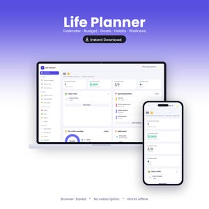 Könnte beinhalten: Ein digitaler Lebensplaner auf einem Laptop-Bildschirm und einem Smartphone, der ein Dashboard mit Abschnitten für Kalender, Budget, Ziele, Gewohnheiten und Wellness zeigt. Die Benutzeroberfläche enthält Textbeschriftungen wie Life Planner und Today's tasks.
