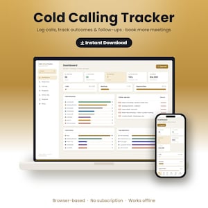 Op de afbeelding: Een digitaal Cold Calling Tracker dashboard weergegeven op een laptopscherm en een smartphone. De interface bevat datavisualisaties, statistieken over gespreksresultaten, follow-up lijsten en leadstatus-grafieken in een beige en donkergrijze lay-out.