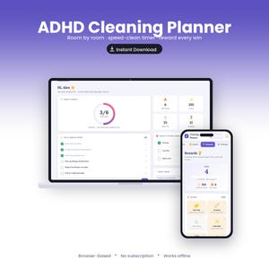 Könnte beinhalten: Ein digitaler ADHD Cleaning Planner, der auf einem Laptop-Bildschirm und einem Smartphone angezeigt wird. Die Benutzeroberfläche enthält einen Fortschrittsring, Aufgabenlisten und ein Belohnungssystem. Text beinhaltet: ADHD Cleaning Planner.