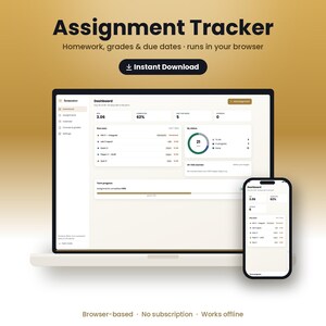 Könnte beinhalten: Eine digitale Aufgabenverfolgungsschnittstelle auf einem Laptop-Bildschirm und einem Smartphone. Das Dashboard zeigt akademische Kennzahlen, einschließlich Notendurchschnitt, Abschlussquoten und eine Liste anstehender Aufgaben mit Fälligkeitsdaten.