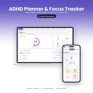 Könnte beinhalten: Ein digitaler ADHS-Planer und Fokus-Tracker, dargestellt auf einem Laptop-Bildschirm und einem Smartphone. Die Benutzeroberfläche zeigt ein Dashboard mit Aufgabenlisten, einem Fortschrittsring, Belohnungsstufen und Symbolen.