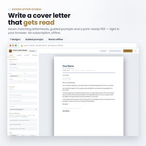 Pode incluir: Uma interface digital para o Cover Letter Studio com uma aplicação baseada em navegador, contendo campos para detalhes pessoais, informações de cargo e pontos fortes, além de uma prévia de uma carta de apresentação formal.