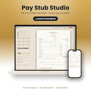Könnte beinhalten: Eine digitale Benutzeroberfläche für Pay Stub Studio auf einem Laptop- und Smartphone-Bildschirm. Die Software bietet ein Formular-Layout zur Erstellung von Gehaltsabrechnungen, einschließlich Feldern für Firmendaten, Verdienste und Abzüge im Browser.