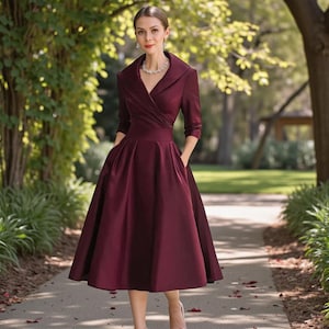 burgundy dress for funeral Women's Outfit: Burgundy Pleated Midi Dress, Burgundy Suede Pumps, Burgundy  Embellished Hat, Clear Brooch