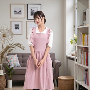 May include: A light pink apron with a ruffled bib and pockets. The apron is worn over a white blouse with ruffled sleeves. The model is standing in front of a gray couch and a bookshelf.