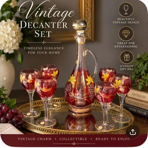 May include: A vintage decanter set featuring a glass decanter with a silver-toned stopper and five matching stemmed glasses. Each piece is crafted from red glass with clear glass accents, decorated with painted gold leaf and grape cluster motifs.
