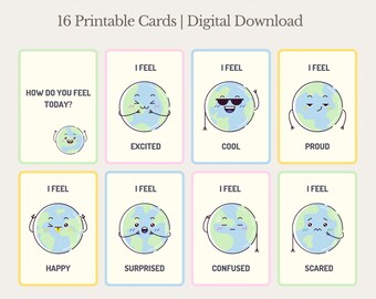 Peut inclure: Un ensemble de cartes mémo sur les émotions pour enfants comprenant 16 cartes imprimables en téléchargement numérique. Les cartes présentent des personnages Terre avec diverses expressions : Excited, Cool, Proud, Happy, Surprised, Confused, Scared.