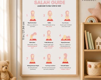 Peut inclure: Une affiche rectangulaire Salah Guide présentant neuf étapes numérotées pour la prière avec des illustrations d'une personne en hijab sur un tapis rouge. Le texte inclut des instructions et des dimensions de 21,59 cm par 27,94 cm.