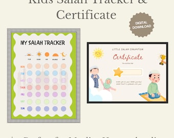 Peut inclure: Un ensemble de suivi de prière et certificat pour enfants comprenant un tableau hebdomadaire à bordure verte avec cinq icônes quotidiennes et un certificat illustré d'enfants, d'un soleil, d'une étoile dorée et d'un trophée, avec le texte My Salah Tracker.