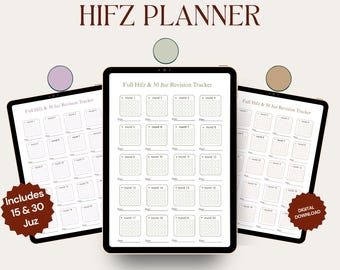 Peut inclure: Un planificateur numérique Hifz affiché sur trois tablettes, présentant un suivi de révision Full Hifz & 30 Juz avec des cases pour les rounds et les dates. Le design inclut le texte Includes 15 & 30 Juz, Digital Download, et Included 2 Sizes A4 & US Letter.