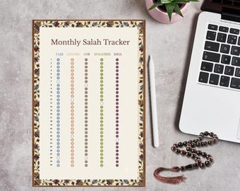 Peut inclure: Un tableau de suivi mensuel de la prière, Monthly Salah Tracker, avec un fond crème et une bordure florale. Il comporte des colonnes pour Fajr, Dhuhr, Asr, Maghrib et Isha, chacune avec trente cases à cocher circulaires pour le suivi.
