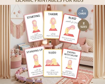 Peut inclure: Six cartes de prière rectangulaires pour enfants illustrant une fille en hijab effectuant les étapes de la prière islamique. Chaque carte comprend du texte en anglais, une écriture arabe et une bordure colorée. Les cartes sont intitulées Starting, Takbir, Ruku, Standing Up, Sujud et Ending With Salam.