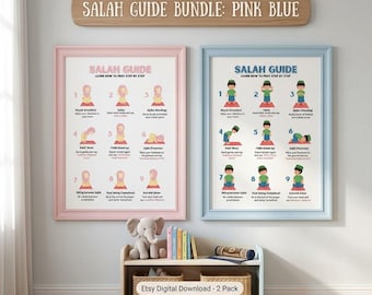 Peut inclure: Deux affiches éducatives encadrées intitulées SALAH GUIDE, l'une avec un cadre rose et l'autre avec un cadre bleu, montrant neuf étapes numérotées de prière avec des illustrations d'enfants. Un panneau en bois au-dessus indique SALAH GUIDE BUNDLE: PINK BLUE.
