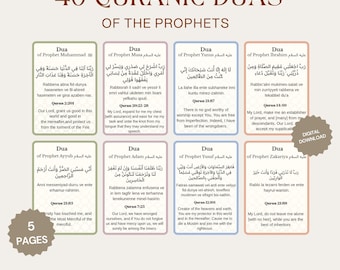 Peut inclure: Une impression numérique intitulée 40 QURANIC DUAS OF THE PROPHETS présentant huit cartes rectangulaires aux coins arrondis. Chaque carte affiche une Dua en écriture arabe, translittération et traduction anglaise, avec le nom du prophète et la citation.