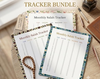 Peut inclure: Un ensemble de suivi de prière mensuel comprenant trois feuilles imprimées avec des bordures florales. Chaque feuille comporte des colonnes pour les prières Fajr, Dhuhr, Asr, Maghrib et Isha avec des lignes numérotées de 1 à 30.
