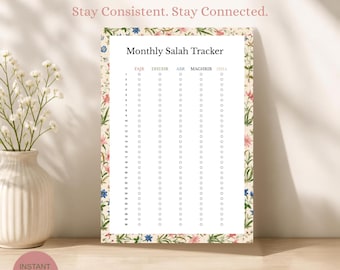 Peut inclure: Une fiche imprimable Monthly Salah Tracker avec une bordure florale ornée d'illustrations botaniques roses, bleues et vertes. Le document comprend des colonnes pour les prières Fajr, Dhuhr, Asr, Maghrib et Isha avec trente lignes de suivi.