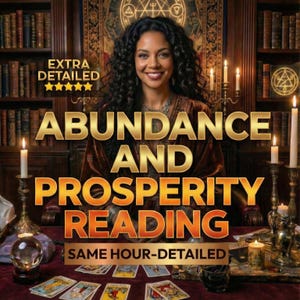 May include: An advertisement for an "Abundance and Prosperity Reading." A woman with dark curly hair smiles in front of a bookshelf and lit candles. Tarot cards are laid out on a table. Text reads "Extra Detailed" and "Same Hour-Detailed."
