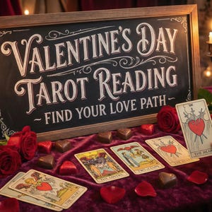 Puede incluir: Una configuración de lectura de tarot de San Valentín. Un letrero de pizarra muestra "Lectura de tarot de San Valentín - Encuentra tu camino amoroso". Cartas del tarot, rosas rojas y bombones en forma de corazón sobre tela de terciopelo.