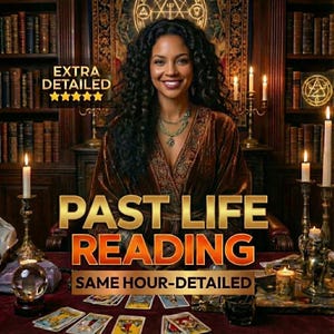 May include: A woman with long, curly hair smiles in front of a bookshelf and candles. The text "PAST LIFE READING" is displayed in gold and orange, with "SAME HOUR-DETAILED" below. Tarot cards are on the table.