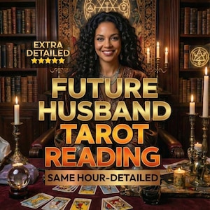 Puede incluir: Anuncio de una lectura de tarot. El texto "FUTURE HUSBAND TAROT READING" está en oro. Una mujer sonríe en el centro, rodeada de velas, cartas del tarot y una bola de cristal. El texto "EXTRA DETAILED" también es visible.