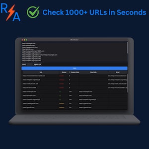 Może przedstawiać: Ekran laptopa wyświetla interfejs sprawdzania adresów URL. Interfejs pokazuje tabelę z adresami URL, kodami statusu i ostatecznymi adresami URL. Tekst "Check 1000+ URLs in Seconds" znajduje się nad laptopem.