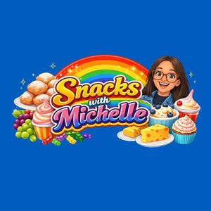 May include: A colorful logo for "Snacks with Michelle" features a smiling woman with glasses, surrounded by illustrations of various snacks. A rainbow arches over the text, with donuts, cupcakes, and cheese visible.