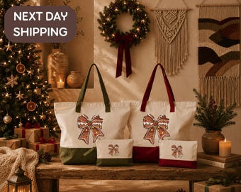 Custom Gingerbread Bow Tote, Holiday Cookie Exchange Bag, Christmas Baking Party Tote, Gingerbread Party Favor Bag, Cookie Lovers Gift Tote