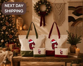Custom Christmas Initial Tote, Personalized Holiday Gift Bag, Festive Monogram Bag, Family Christmas Shopping Tote, Cheerful Holiday Bag