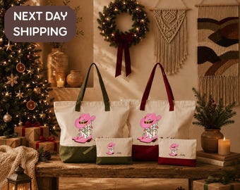Custom Cowgirl Tote, Pink Cowboy Boot Bag, Cowgirl Holiday Bag, Western Lights Tote, Rodeo Party Bag, Holiday Gift Tote, Christmas Boot Tote