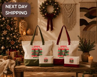 Custom Family Christmas Tote, Christmas Tree Bag, Holiday Party Tote, Winter Gift Bag, Family Gathering Tote, Festive Keepsake Bag