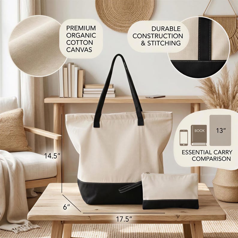 a large tote bag with a black and white color scheme, placed on a wooden table. The bag has a spacious interior and a sturdy handle. The bag is accompanied by a smaller bag, likely a makeup bag, and a book. The image also includes text that provides information about the bag, such as its premium organic cotton canvas material, durable construction, and stitched details.
