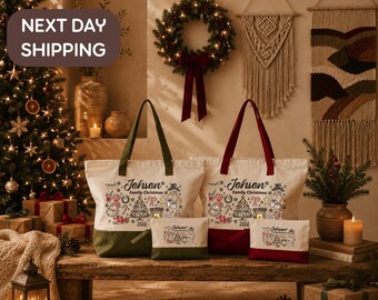Custom Family Christmas Tote, Christmas Doodle Bag, Santa Claus Tote, Nutcracker Gift Bag, Snowman Holiday Tote, Gingerbread Xmas Bag