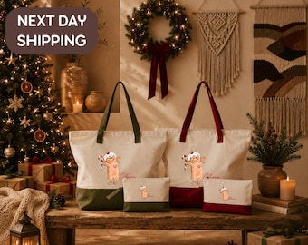 Custom Christmas Gift Bag, Personalized Gingerbread Holiday Tote, Festive Candy Cane Bag, Holiday Party Favor Tote, Santa's  Gift Bag
