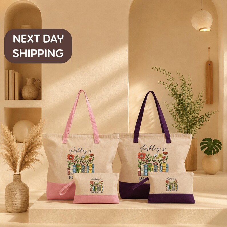 a set of four tote bags with personalized text, displayed on a shelf with a potted plant and other decorative items in the background.