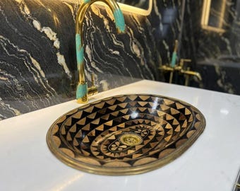Moroccan Handmade Brass Faucet with Patina & Resin Sink – Luxury Artistic Bathroom Vanity Set