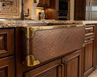 Hand-Hammered Copper Farmhouse Sink, Polished Brass Brackets, Apron Front Kitchen Basin