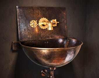 Handmade Hammered Copper Wall Mount Sink with Brass Faucet | Rustic Farmhouse Bathroom Basin