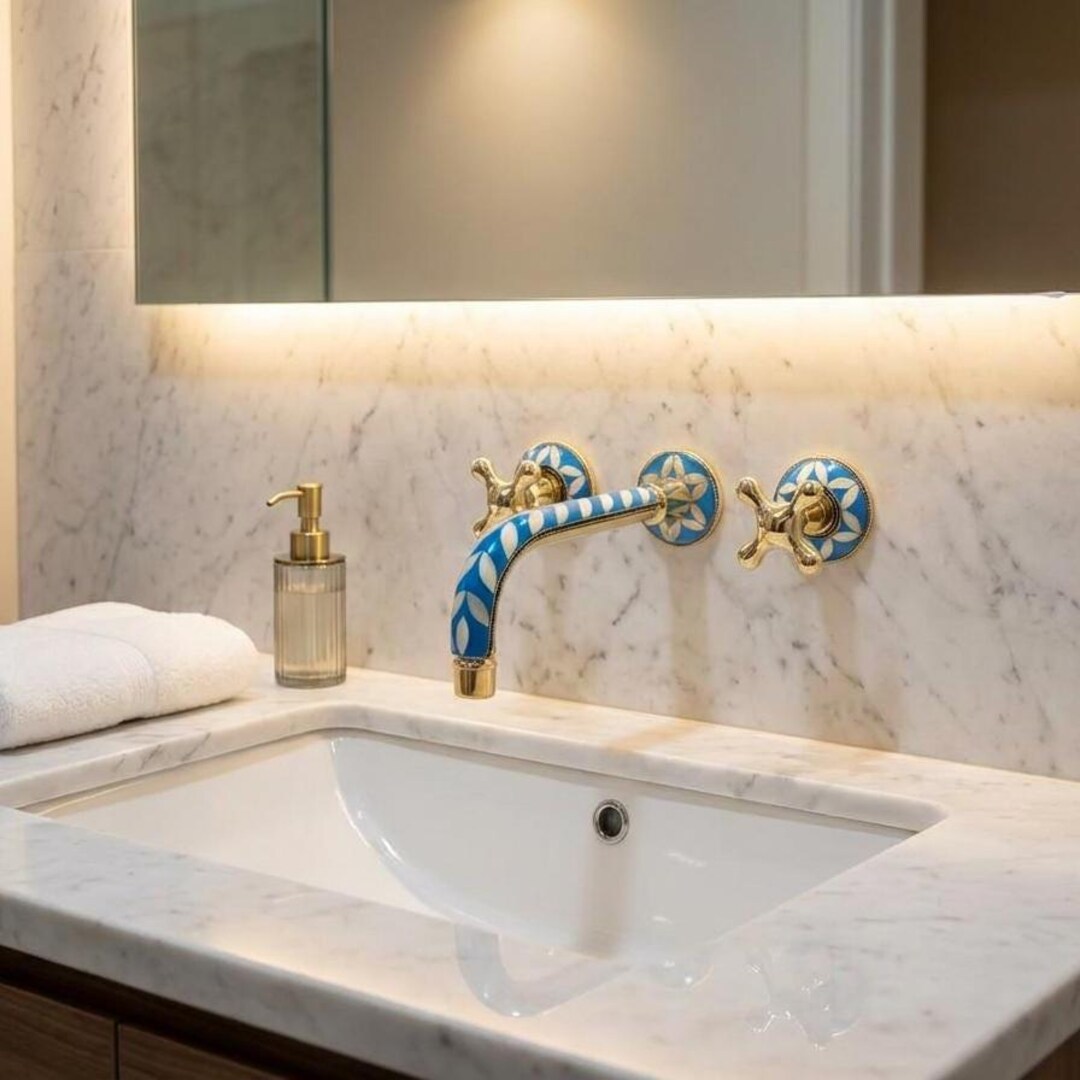 Handmade Brass Wall Mount Faucet | Blue Resin Inlay, Moroccan Style - Etsy