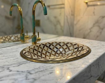 Handmade Geometric Resin Vessel Sink with Patina Brass Faucet