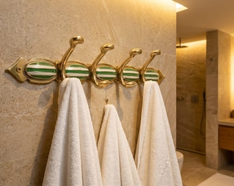 Handmade Brass & Green Ceramic Moroccan Wall Hooks | Entryway Coat Rack