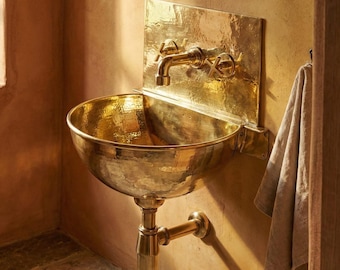 Hand Hammered Brass Wall Mounted Sink with Decorative Faucet – Moroccan Riad Bathroom